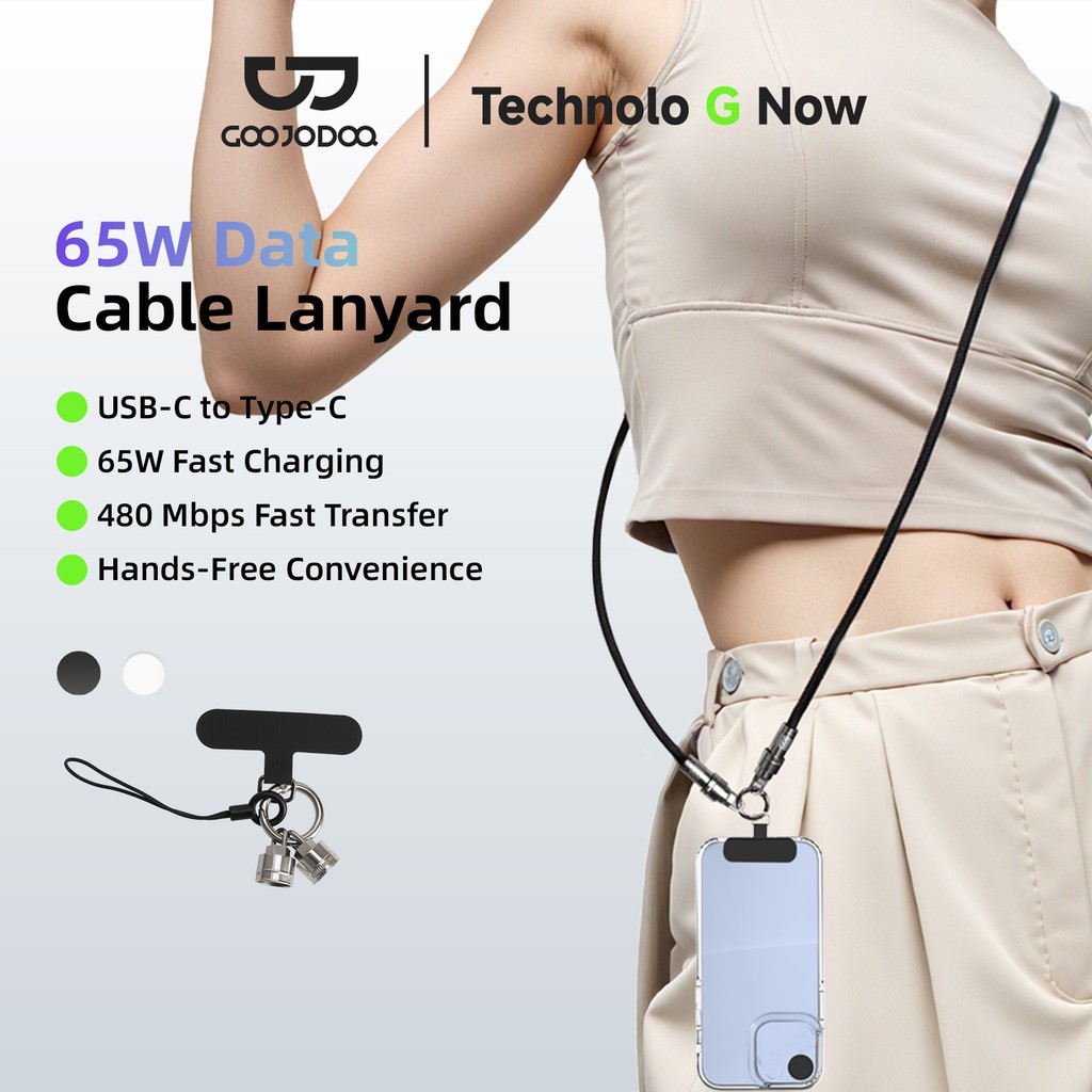 GOOJODOQ 2in1 Lanyard Fast สายชาร์จ Type C To Type C 1.3m 65w สำหรับโทรศัพท์ พัดลมพกพา