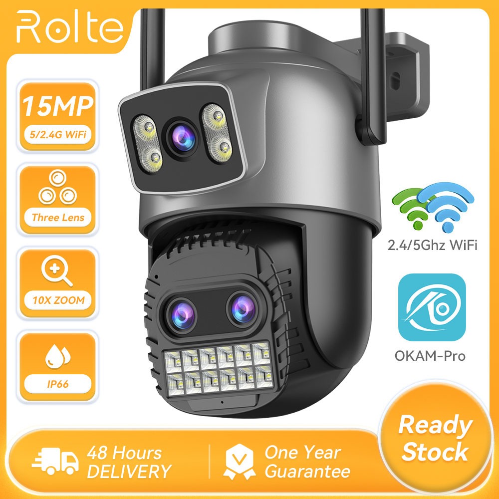 Rolte 5G/2.4G WiFi 15MP 10X Zoom Three Lens PTZ IP Camera 10MP Dual Lens CCTV Camera O-KAM Pro APP