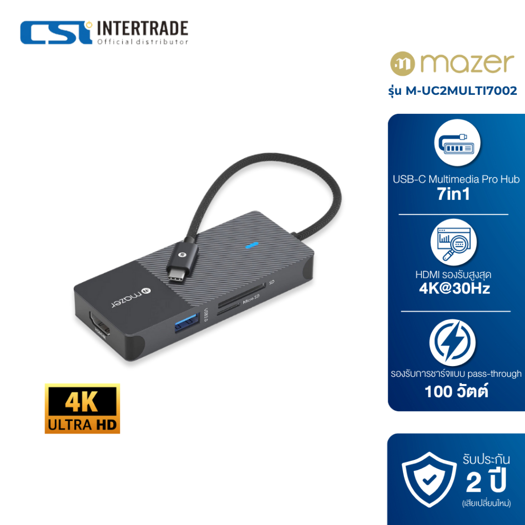 Mazer ฮับมัลติพอร์ต USB-C Multimedia Pro Hub 7-in-1 USBC PD3.0 100W PassThrough สำหรับ Windows iOS M