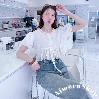 🔥aimorn_shop🔥เสื้อครอปคอเหลี่ยม แต่งระบายน่ารักๆ ผูกโบว์ด้านหน้า ทรงสวยมาก ดีเทลแขนพองทรงสวย