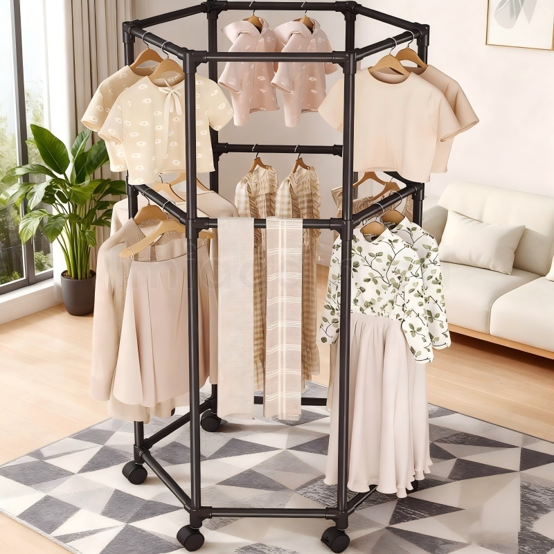 ราวแขวนผ้า มัลติฟังชั่น ราวแขวนผ้าหกเหลี่ยม หมุนได้ 360 องศา ล้อล็อคได้ เคลื่อนย้ายสะดวก เลือก 1 ชั้น/2 ชั้น