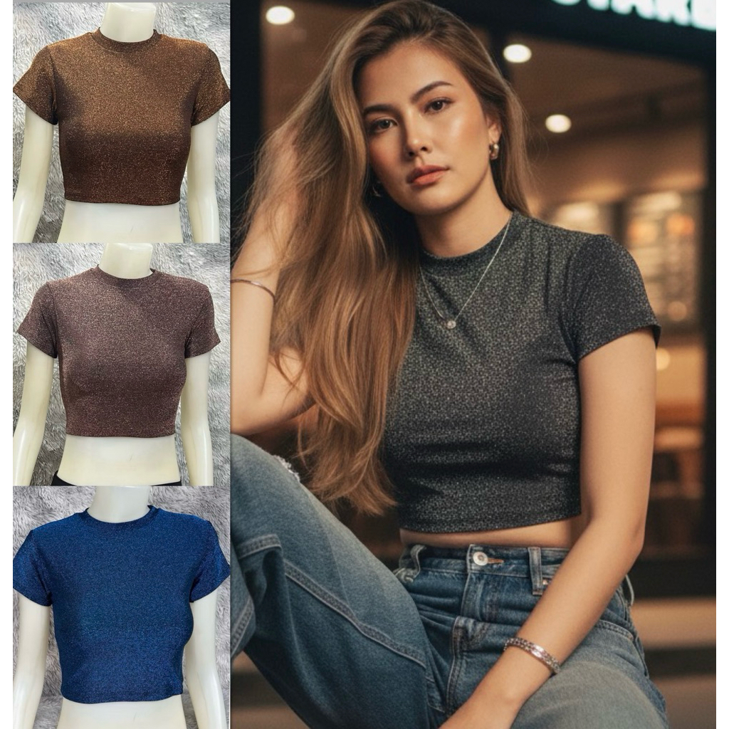 sns92 ‍♀️เสื้อครอปเอวลอย ‍♀️คอกลม ‍♀️ผ้าวิ้งๆ Shine ‍♀️