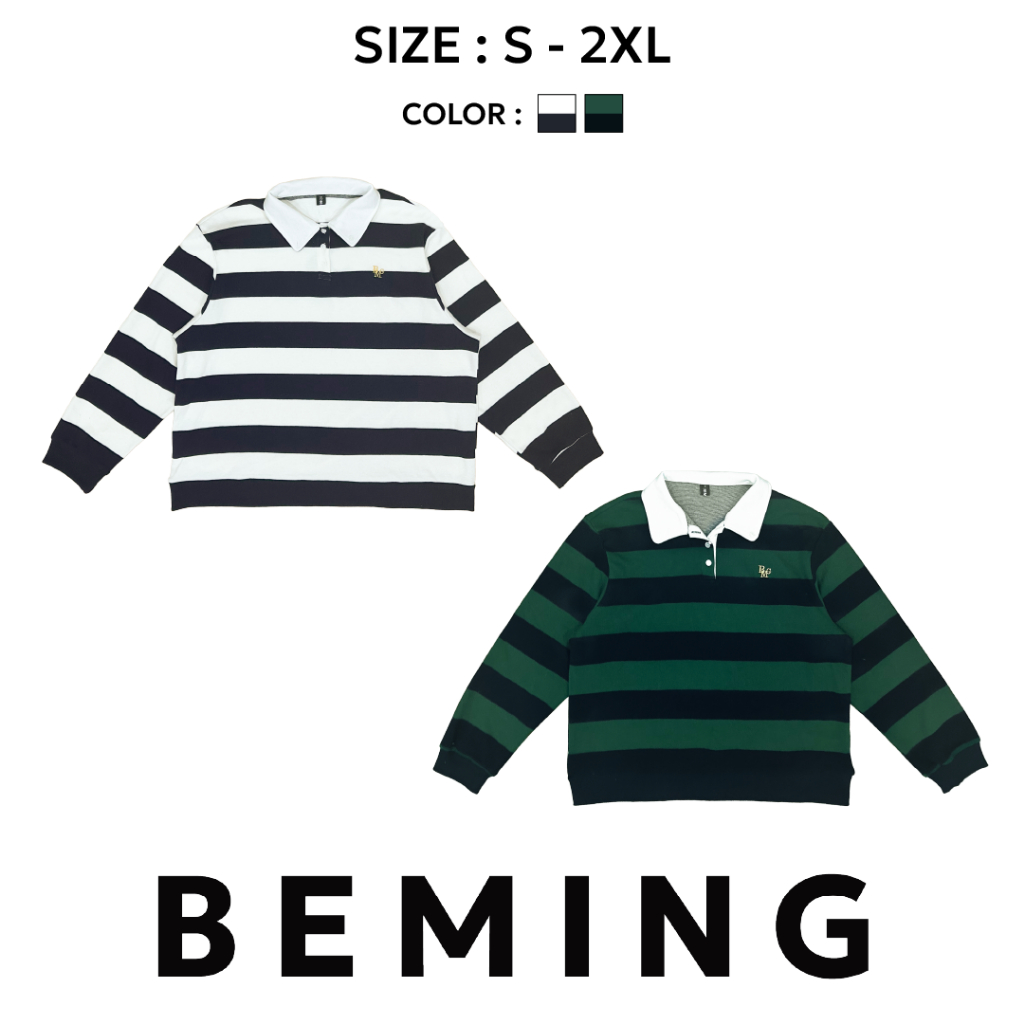 Bemingtop1049(S-2XL)-BMG Rugby Retro Top — เสื้อลายทางคอปกทรงคลาสสิค ใส่แล้วดูเท่แบบสปอร์ตวินเทจ