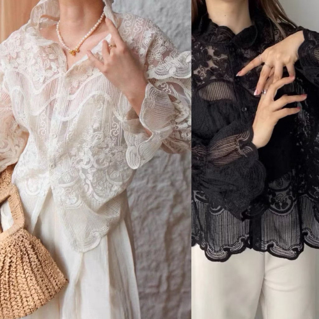 มี2สี ครีม-ดำ เสื้อลูกไม้ปักฉลุทั้งตัว ลูกไม้นุ่ม