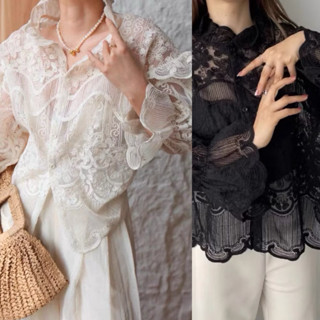 มี2สี ครีม-ดำ เสื้อลูกไม้ปักฉลุทั้งตัว ลูกไม้นุ่ม