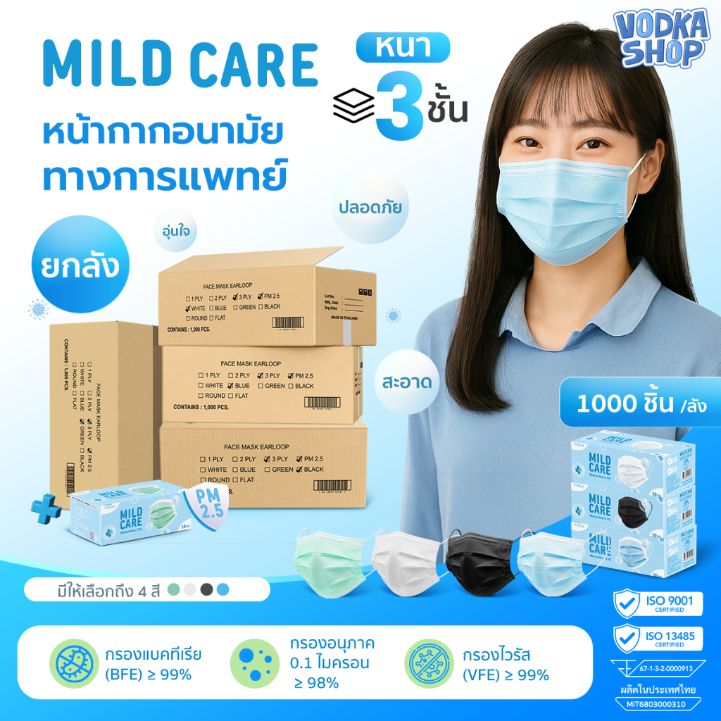 ยกลัง MILD CARE MASK แมส pm2.5 หน้ากากอนามัยทางการแพทย์ 3 ชั้นป้องกันฝุ่น 1,000 ชิ้น