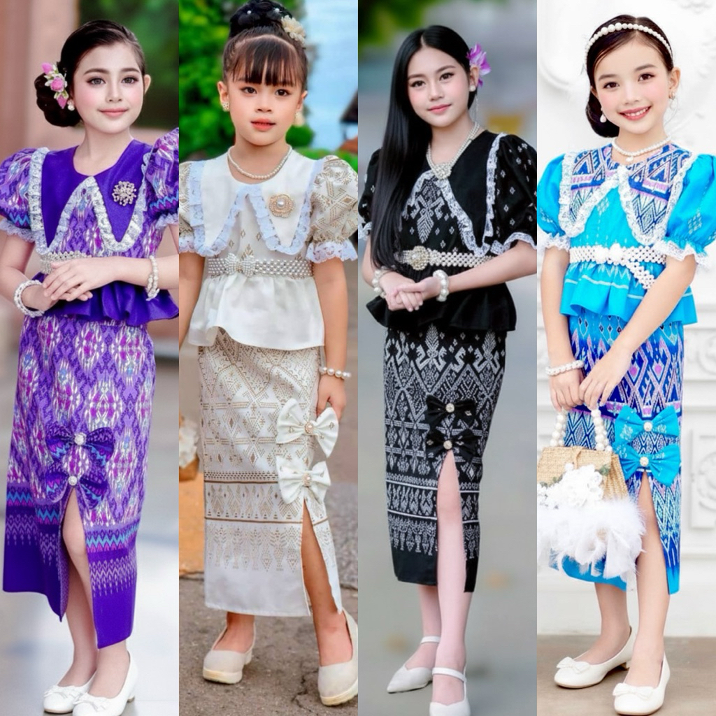 (รหัส kh) ชุดไทย เสื้อคอปกแต่งระบายลูกไม้ แขนตุ๊กตา+กระโปรงยาว