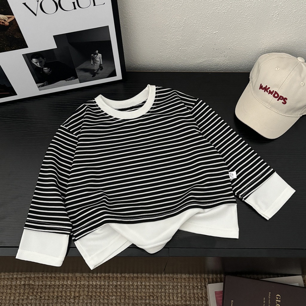 BEAR BABYเสื้อยืดแขนยาวเด็ก เสื้อแขนยาวลายทาง สไตล์เกาหลีทรงหลวม ใส่ได้ทั้งเด็กชายเด็กหญิง Size80-140cm - รูปที่ 6