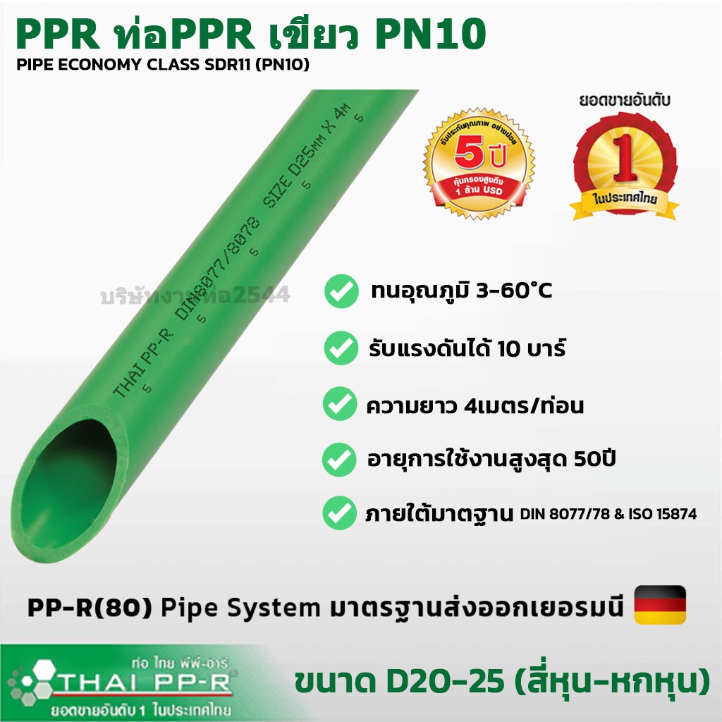 ไทย-พีพีอาร์ ท่อPPR PN20 เขียวคาดแดง ไส้ไฟเบอร์ D20 (4หุน) | D25 (6หุน) ท่อน้ำร้อน Thai-ppr ยาว4เมตร