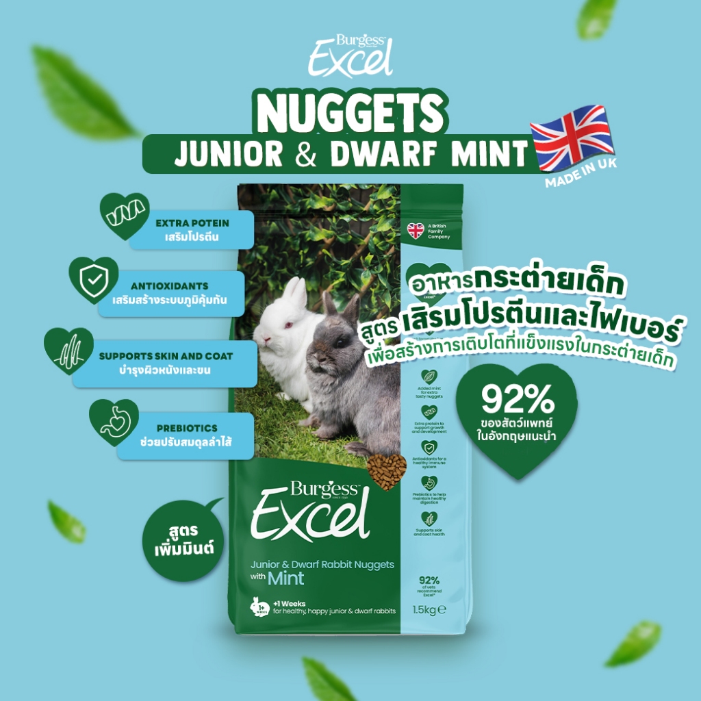 อาหารกระต่ายเด็กพรีเมี่ยม รสมิ้นท์ Burgess Excel Mint | ไฟเบอร์สูง ช่วยระบบย่อยอาหาร