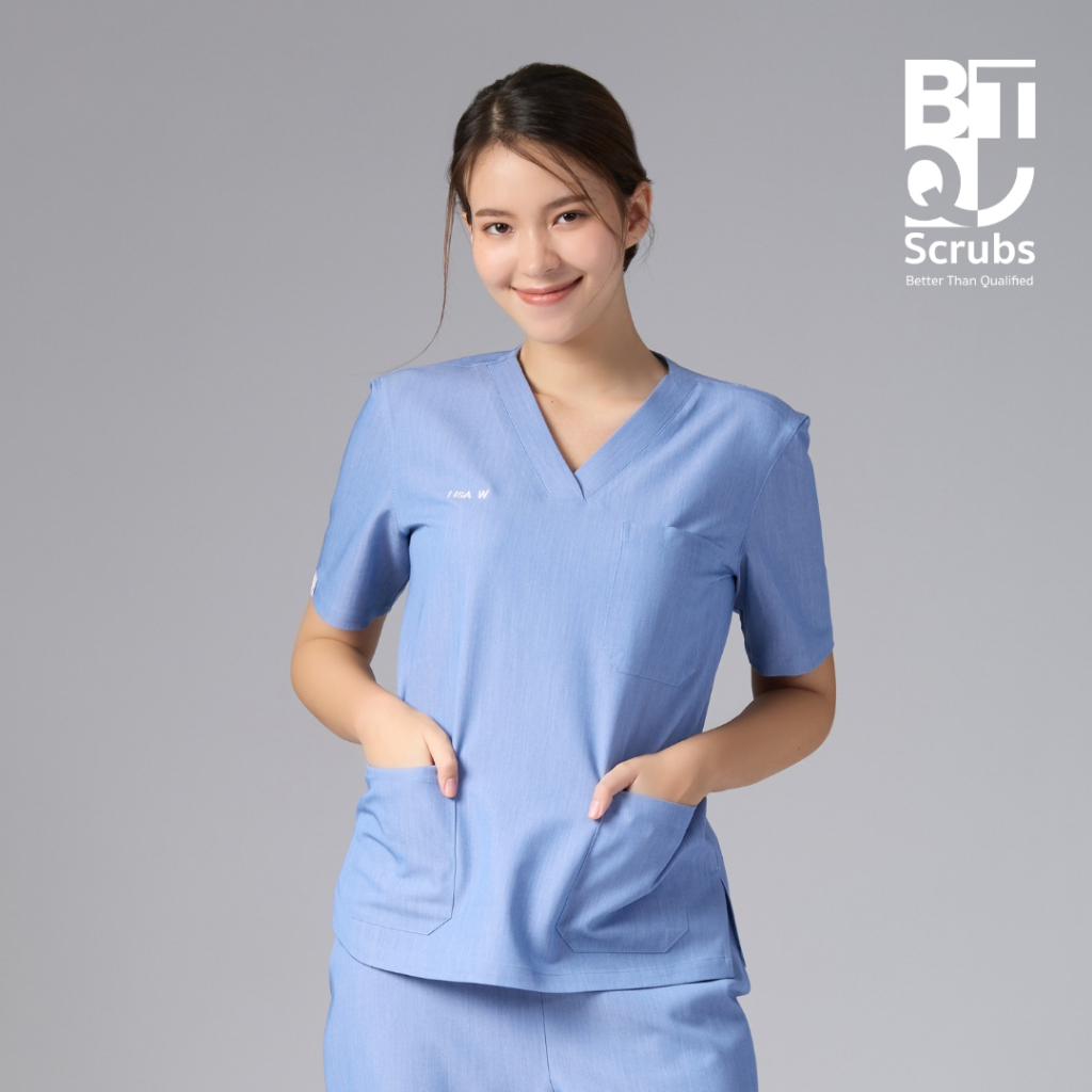 ( ไม่ปักชื่อ ) BTQ Medical Scrub Top - Women - รุ่น Professional | เสื้อสครับหมอ พยาบาล ทรงเข้ารูป คอวี Q987BU