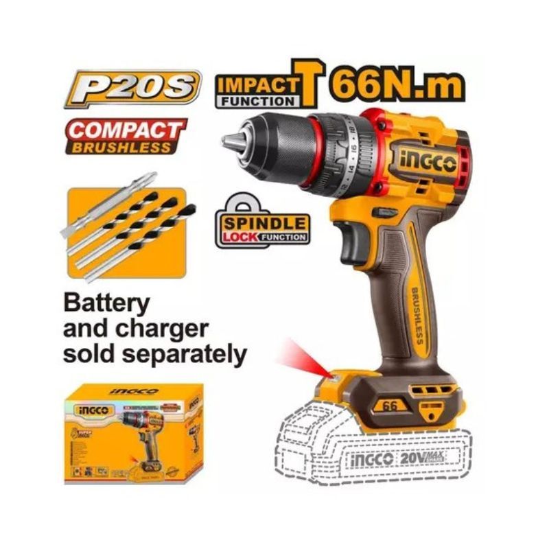 INGCO สว่านกระแทกไร้สาย 13มม. 66NM. 20V CIDLI206681 (เฉพาะเครื่อง)