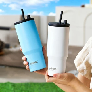 PANDA แก้วกาแฟ สแตนเลส แก้วเก็บความเย็น 750ML แก้วน้ำสแตนเลส316 พร้อมหลอด แก้วน้ำในรถยนต์ แก้วกาแฟ