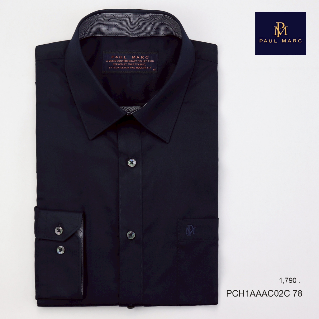 PAUL MARC เสื้อเชิ้ตแขนยาว สีกรมท่า navy signature twill slim fit ผ้านุ่ม รีดง่าย ยับยาก PCH1AAAC02C