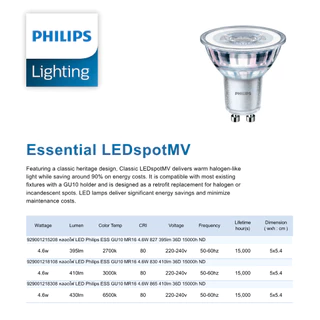 หลอดไฟ GU10 LED 4.6-50W PHILIPS รุ่น Essential มุม 36D 220V (ต่อตรง) มี 3 สี 2700k 3000k 6500k