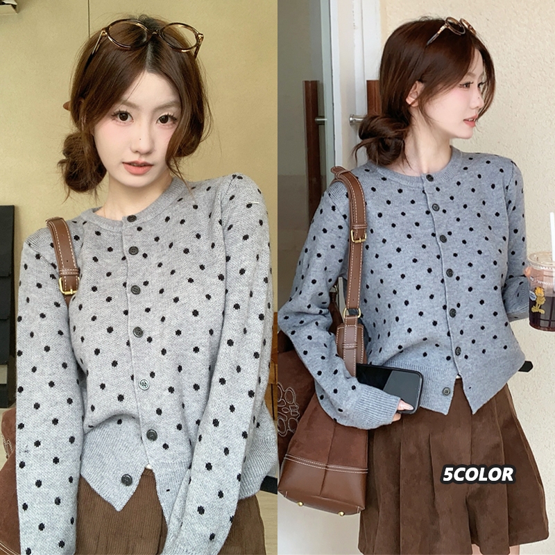 🌵Grace_chili🌵เสื้อถักลายจุดสไตล์เกาหลีสีบล็อก Polka Dotted คอกลม แขนยาว เสื้อคาร์ดิแกนถัก คุณภาพดี 88040