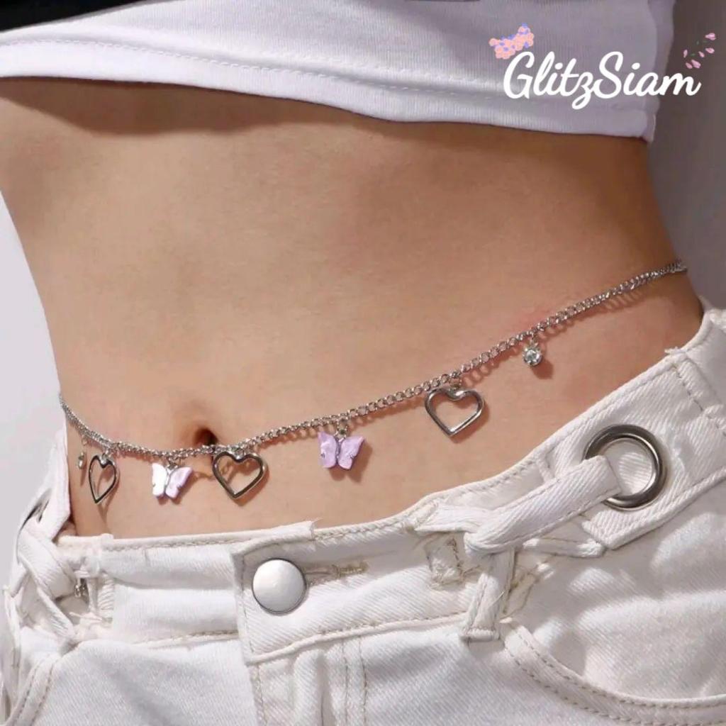 Glitzsiam โซ่เอวลายฉลุผีเสื้อ โซ่รัดตัวสำหรับผู้หญิงแบบใหม่ สามสี ดีไซน์ฉลุ วัสดุโลหะผสม.