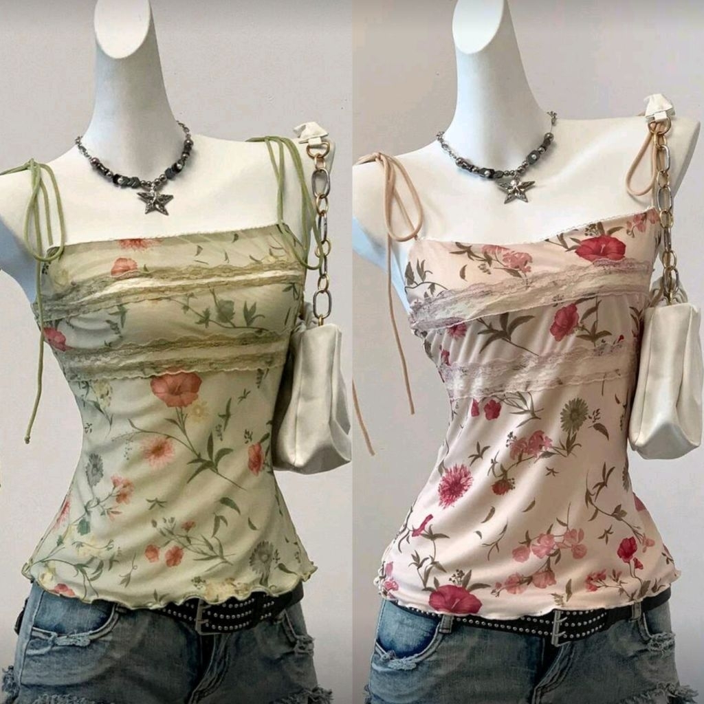 เสื้อสา​ยเดี่ยว​ ลาย​ดอกไม้​ ผูก​ไหล่​ แต่งลูกไม้​ ขอบหยัก​ สีเขียว​มิ้นท์​ สีชมพู​ I พรี​ออเดอร์​