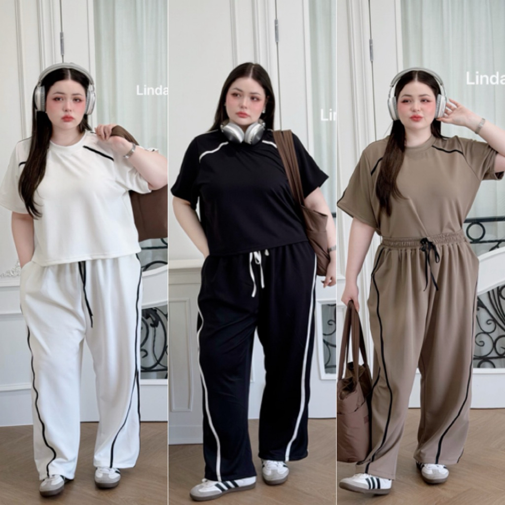 LD ชุดเซ็ตวอร์ม Airport look เสื้อแขนสั้น+กางเกงขายาว แต่งแถบสุดเท่ห์ ไซส์ใหญ่ สาวอวบ