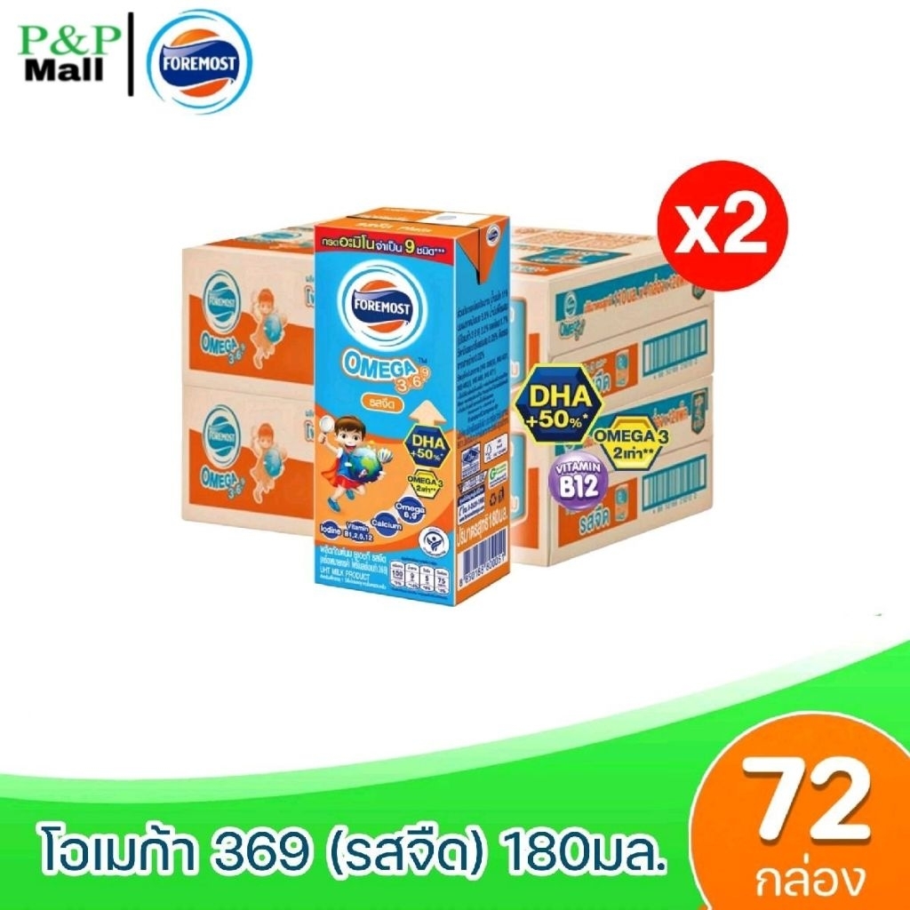 [มีโค้ดส่งฟรี] x2ลัง Foremost Omega UHT ฟร์โมสต์ โอเมก้า 369 ขนาด 180มล. รสจืด (ยกชุด x2ลัง รวม 72กล่อง)