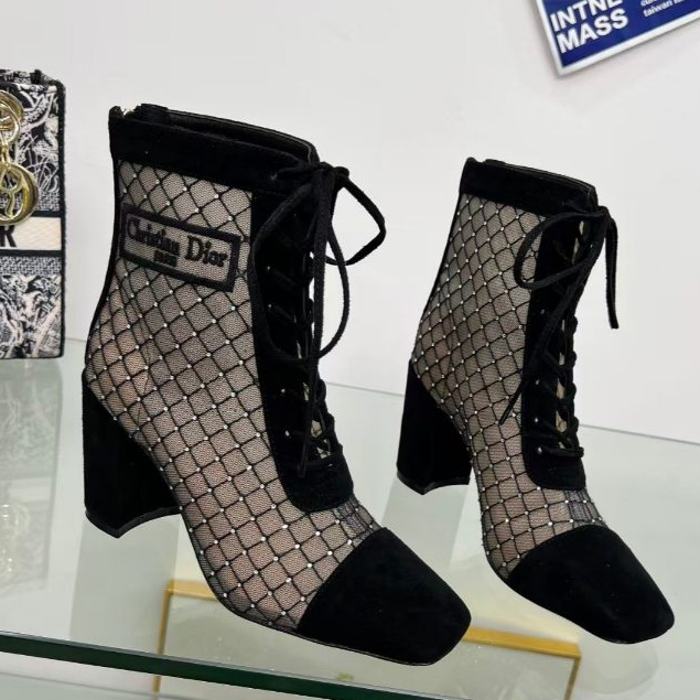 VVIP คุณภาพนำเข้า DI** R Naughtily-D หนังวัวตาข่ายส้นซิปสั้นรองเท้า 8 ซม. ผู้หญิงสีดำ
