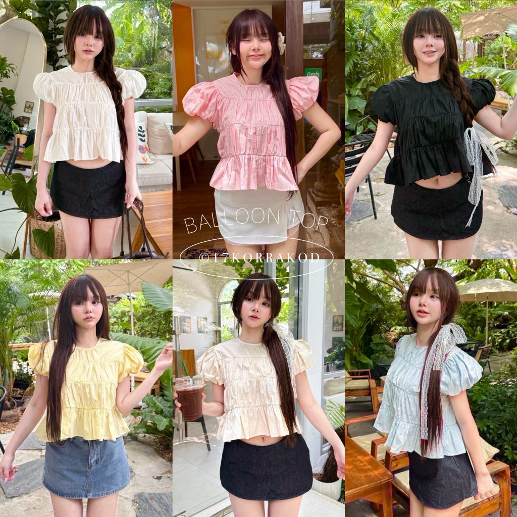 🌻เสื้อคอกลมแขนสั้นบอลลูน ดีเทลจั๊มรอบลำตัวทรงปล่อยๆ (Nusa / Cookies)