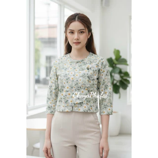 เสื้อคอกลมป้ายข้างกระดุมขอด รุ่นดอกปีบ