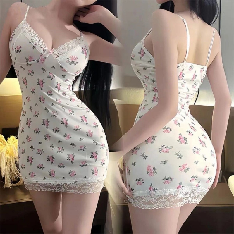 เซ็กซี่ nightdress สั้น กระโปรง ดอกไม้หักเล็กผสมลูกไม้สไตล์เชือกแขวนคอ กระโปรงรัดรูป สไตล์สดชื่น