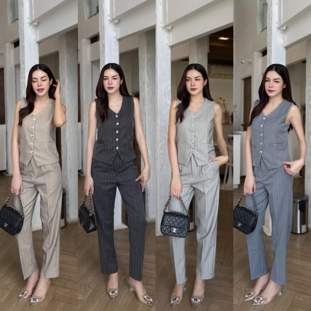 PR049 ชุดเซต(เสื้อ+กางเกง)ลายริ้ว เสื้อมีซับให้ทั้งตัว ผ้าใส่สบาย Parinrat Store