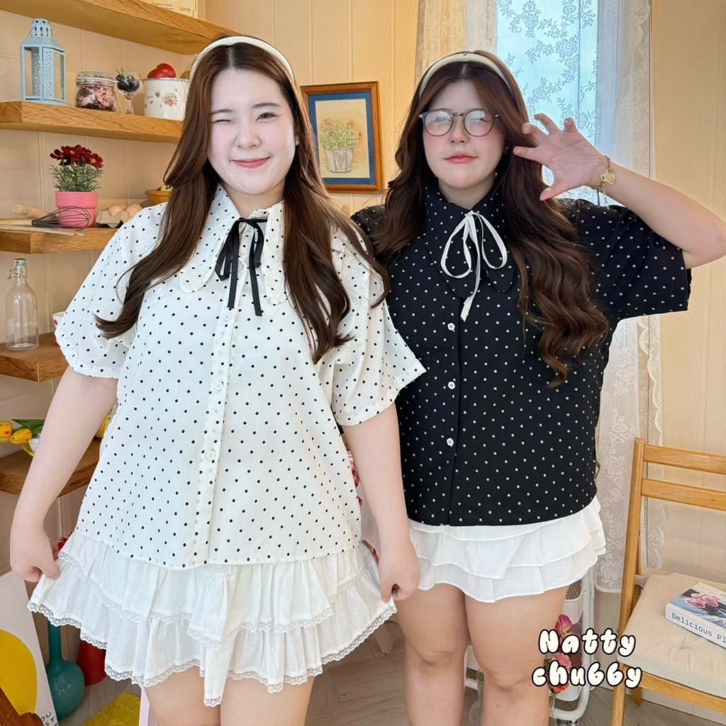 เสื้อเชิ้ตคอปก หูกระต่าย เสื้อเชิ้ตลายจุดสาวอวบ อก38-50นิ้ว plussize