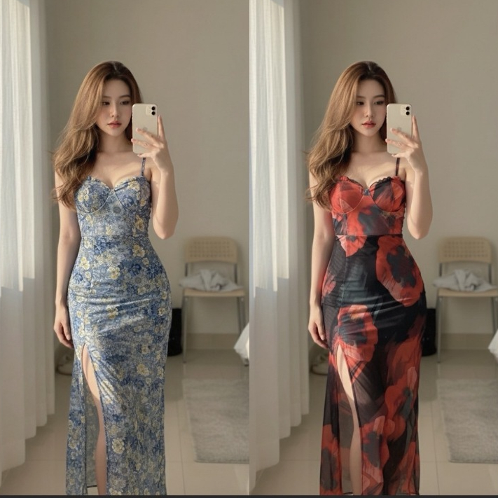 เดรสยาวซีทรู ลายน่ารักๆ ใส่เที่ยวทะเล เสริมฟองน้ำ มีซับในตัว สายปรับได้ s-m