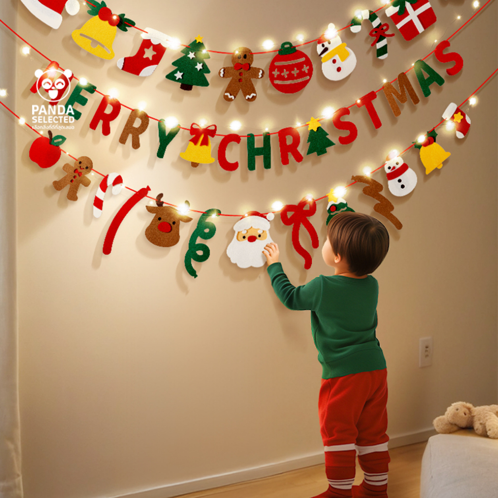 Panda Christmas ป้ายธงแขวนตกแต่งคริสต์มาส ซานตาคลอส กวางเรนเดียร์ ตุ๊กตาหิมะ ขนมปังขิง ไฟแสงวอร์ม