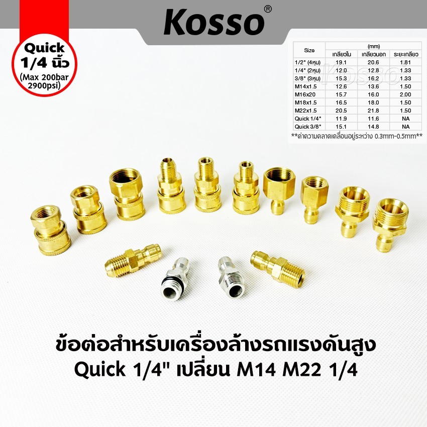 Kosso (Quick 1/4 นิ้ว) ข้อต่อสำหรับเครื่องล้างรถแรงดันสูง เปลี่ยน M14 M22 เครื่องซักผ้า (1ชิ้น)