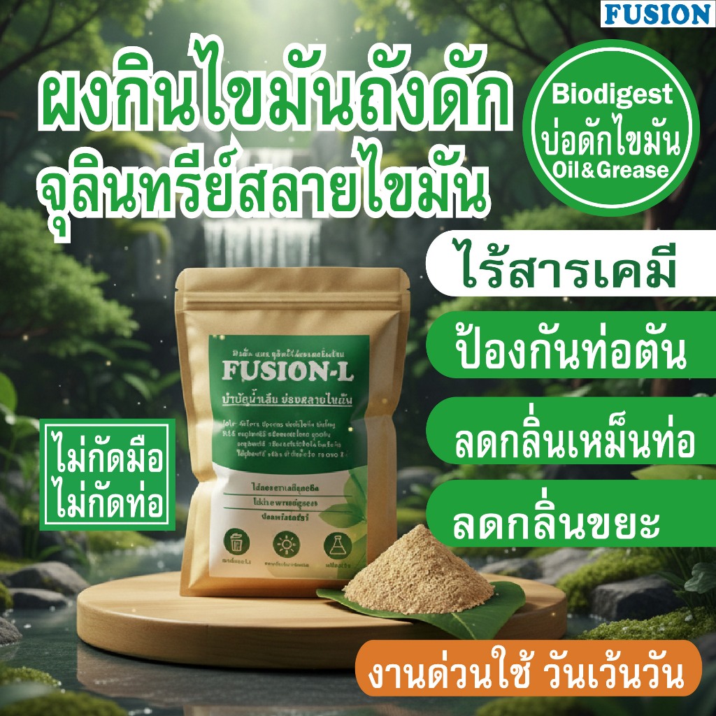 FUSION-L ผงสลายไขมันถังดัก ถุง250กรัม จุลินทรีย์กินไขมันตันท่อ ลดการตักไขมันทึ้ง ลดกลิ่นขยะสดบ่อบำบัด ไร้สารเคมี