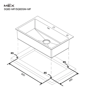 MEX รุ่น SQ82-MF อ่างล้างจาน 1 หลุม ขนาดอ่าง 82 x 51 ซม. สเตนเลส สตีล AISI 304