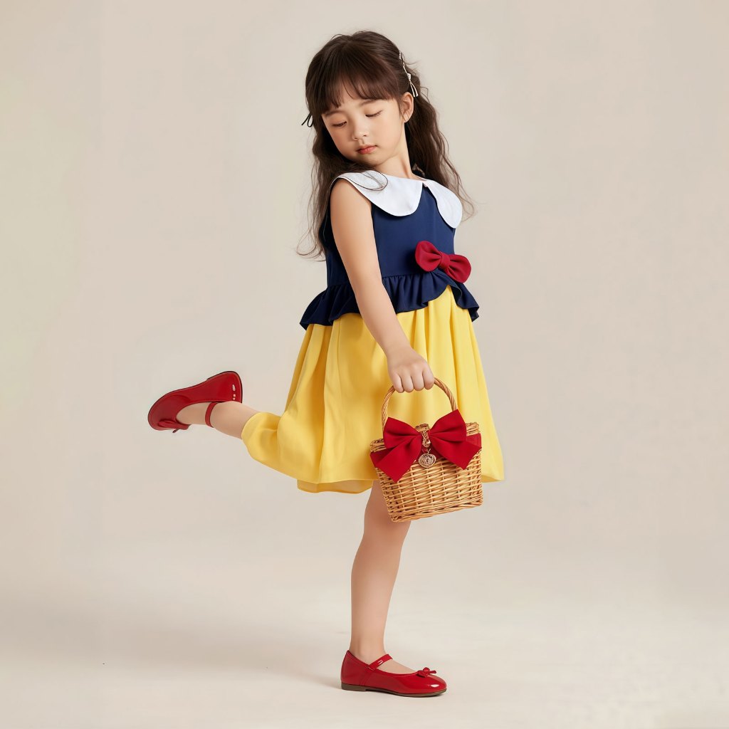 1-9 ปี สไตล์เกาหลี เด็กผู้หญิง ชุดเด็กหญิงสโนไวท์ ฤดูร้อนใหม่ชุดเดรสเด็กผู้หญิงโบว์สีแดง