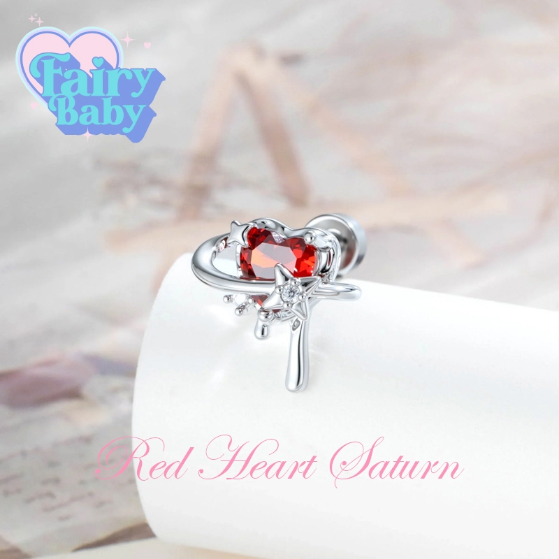 Fairybaby จิว Red Heart Saturn ( 1 ชิ้น ) แป้นแบน จิว ดาวเสาร์ สีแดง เป็นประกาย มาใหม่ 0.8 ยาว 6 mm (J3-123)