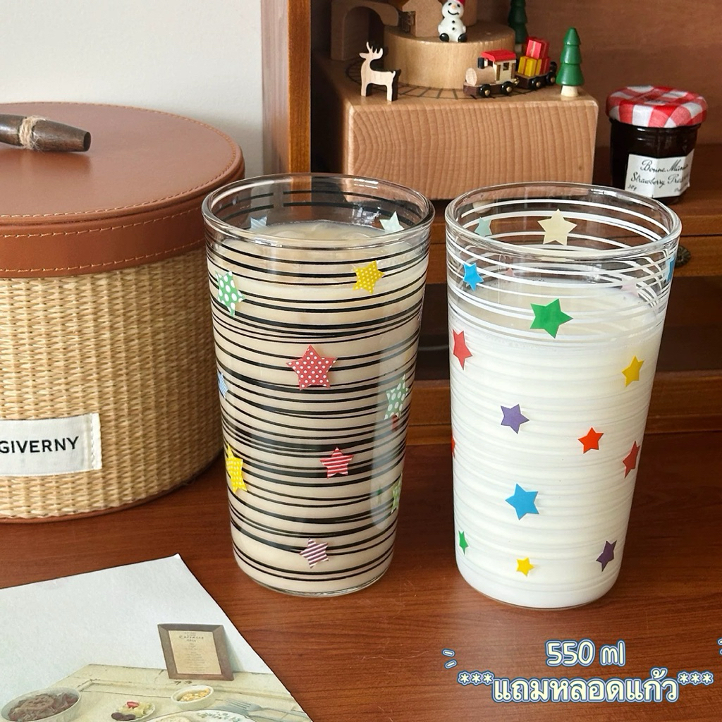 แก้วน้ำ วัสดุแก้ว ลายต้นคริสต์มาส ขนาด 500 ml พร้อมหลอดแก้ว เข้าไมโครเวฟได้ ใส่ได้ทั้งร้อนและเย็น พร้อมส่ง