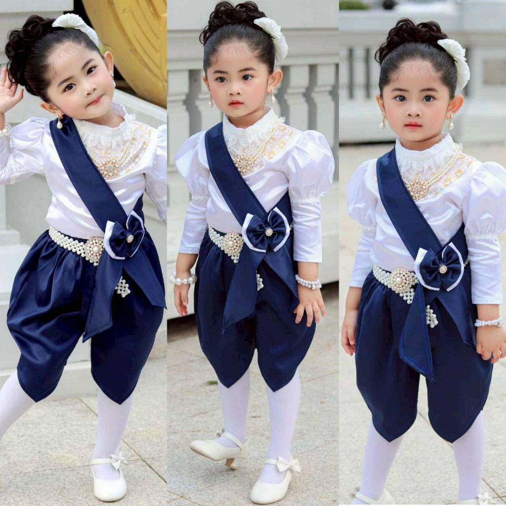 kc ชุดไทยเด็กหญิง เสื้อแขนยาว รัชกาลที่5 โจงกระเบน สีกรม