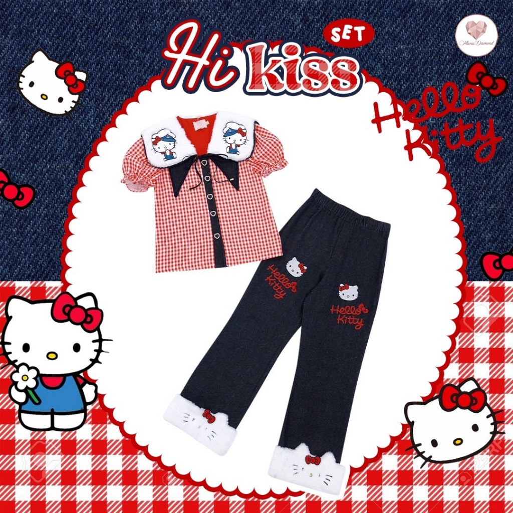 (มี3XL) Maria Diamond ยีนส์ Hi Kiss Set เซ็ต 2 ชิ้น เสื้อเชิ้ตกระดุมหน้าคอตตอนสก็อตปกขนงานปัก + กางเกงยีนส์ขายาวเอวสม็อค