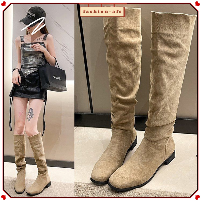 รองเท้าบูทยาวสไตล์เกาหลี สำหรับผู้หญิง ไซส์ 35-42 ก้นแบน แขนสูง วัสดุหนังกลับ (เพิ่ม 1 ขนาด)