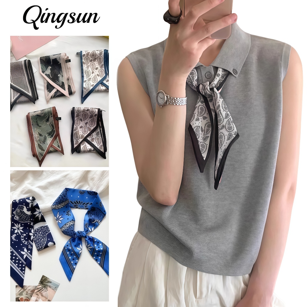 🌻Qingsun ผ้าพันคอไหมขนาดเล็กใหม่สำหรับผู้หญิง ลายเกาหลี สีสันสดใส  หลายตัวเลือก
