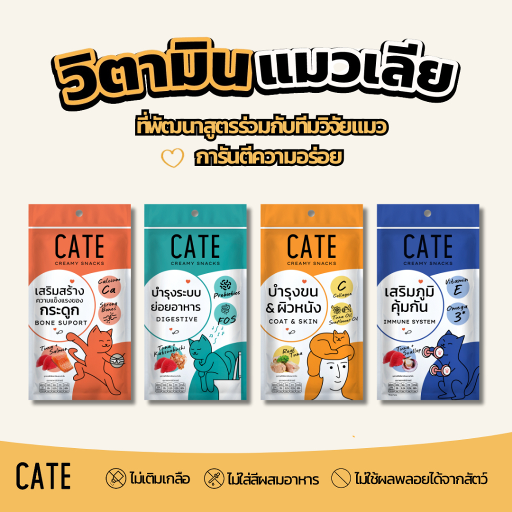 [1แพ็ค 4ซอง] Cate Creamy Snack เคท ขนมแมวเลียเพื่อสุขภาพ สูตรเสริมภูมิ  พรีไบโอติก คอลลาเจน แคลเซียม