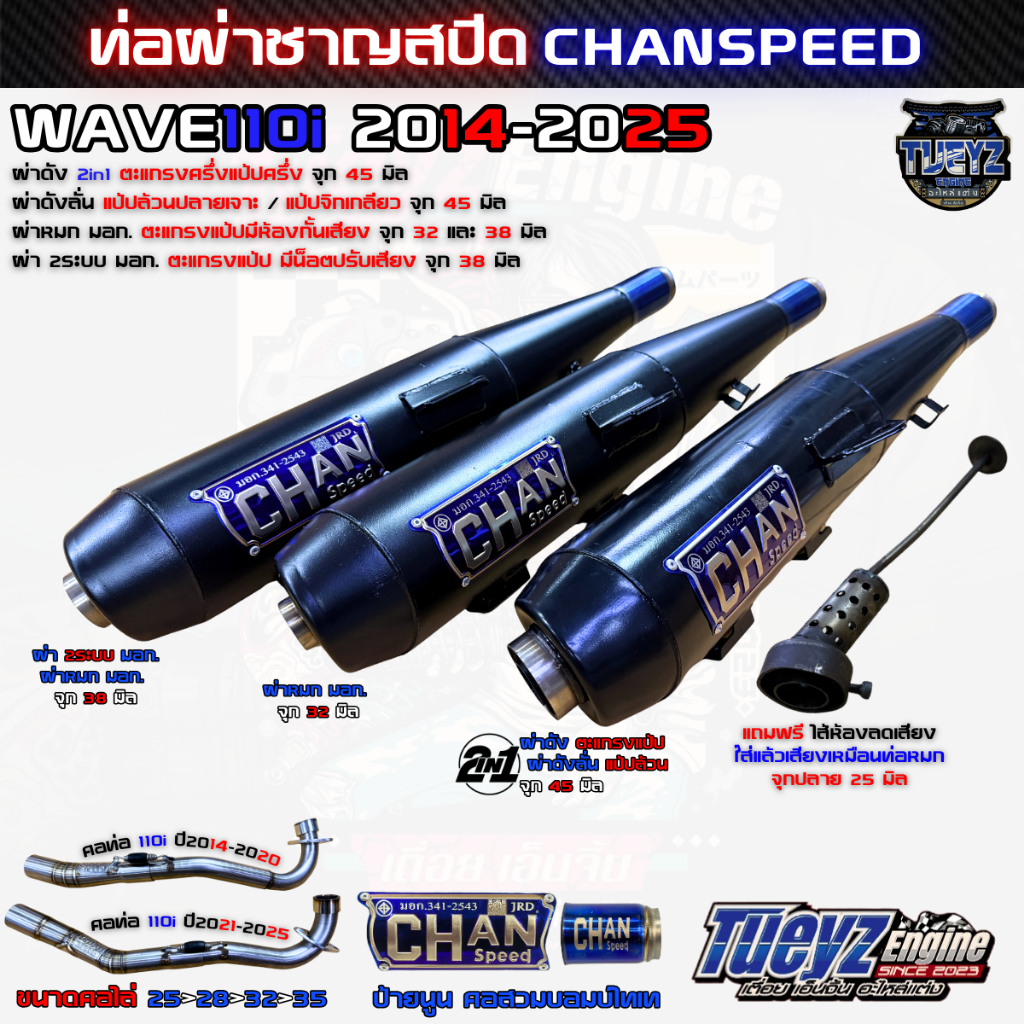 ท่อผ่าชาญสปีด Wave110i 2014-2025 CHANSPEED ป้ายนูนล่าสุดแบบใหม่ คอเลสไล่สปริง คอสวมแบบบอมบ์ ทรงเดิม