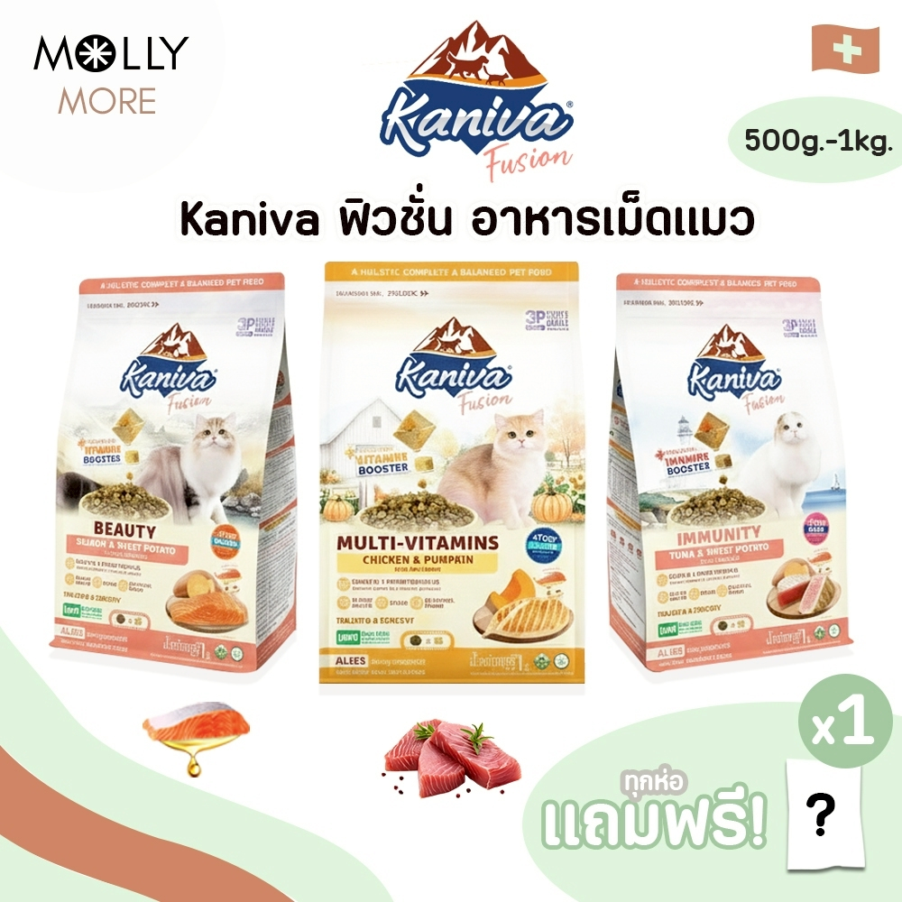Molly Kaniva Fusion คานิว่า อาหารเม็ดแมว เกรดพรีเมี่ยม [1ห่อ] สำหรับแมวทุกช่วงวัย สูตรฟิวชั่น ขนาด 500 G - 1 Kg.