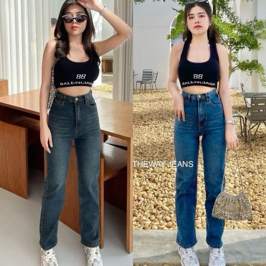 กางเกงยีนส์ทรงกระบอกเล็กผ้ายืด ป้าย on the way