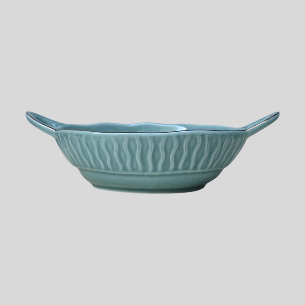 Serene Ceramic ถาดมีหูจับ 9นิ้ว 23CM ขอบหยัก เวฟได้ ขอบทอง อบได้ ล้างเครื่องได้ Blue Tray