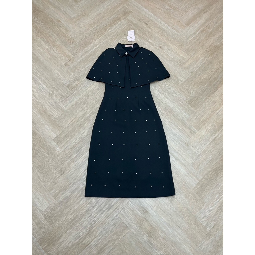 BT 01-00205 เซท 2 ชิ้น เดรสยาวแขนกุด คอกลม เสื้อคลุมไหล่ตัวสั้น คอปก กระดุมหน้า ปักมุกสีขาว  ชุดออกงาน ทำงาน ชุดเรียบร้อ