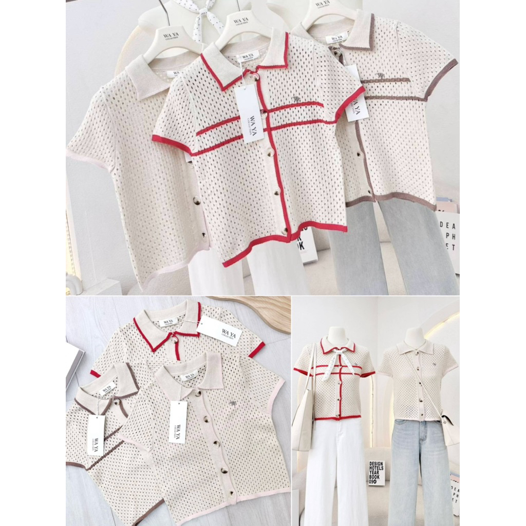 🧸WA YA🧸 เสื้อแขนสั้นไหมพรมคอปกถักสีตัดกันดีเทลกระดุมหน้า