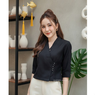 เสื้อผ้าฝ้ายป้ายกระดุมหน้าแขนสามส่วน